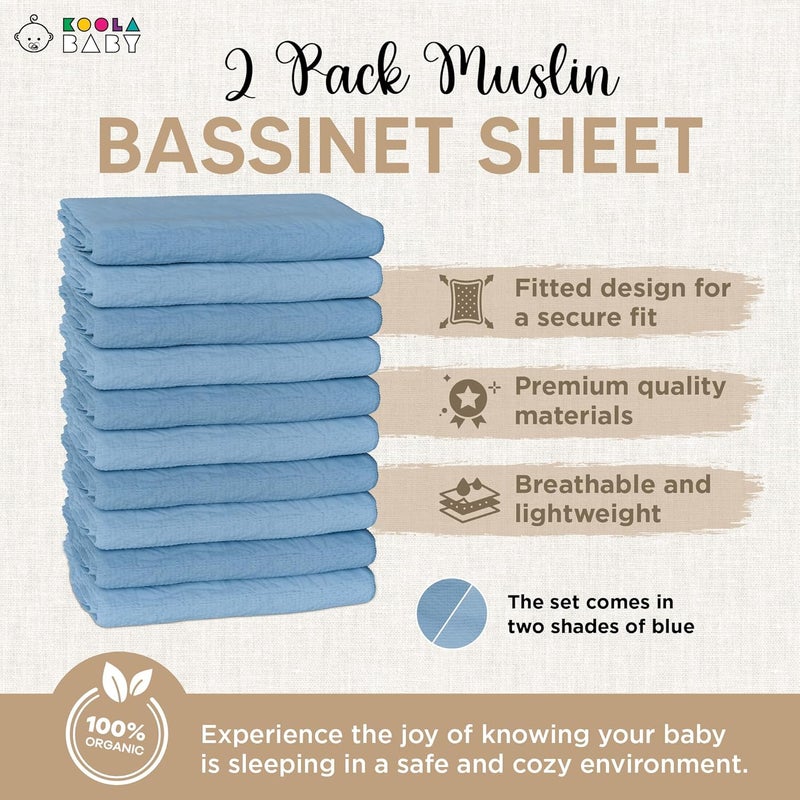 KoolerThings Bassinet Fitted Sheets - Compatible with Halo Bassinest Swivel Sleeper | 100% Organic Muslin Cotton - Light Blue + Dark Blue | 30x16 (2 Pack) - Image 3